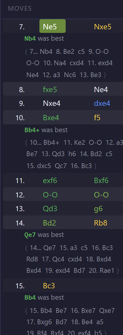 Move list with best-move hints and playable engine lines under mistakes